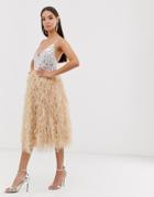 Asos Design Encrusted Bodice Faux Feather Midi Dress-pink