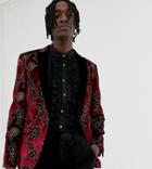 Heart & Dagger Skinny Fit Blazer In Burgundy Floral Velvet - Red