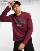 Asos Design Relaxed Long Sleeve T-shirt In Burgundy With Boston Collegiate Chest Print-red