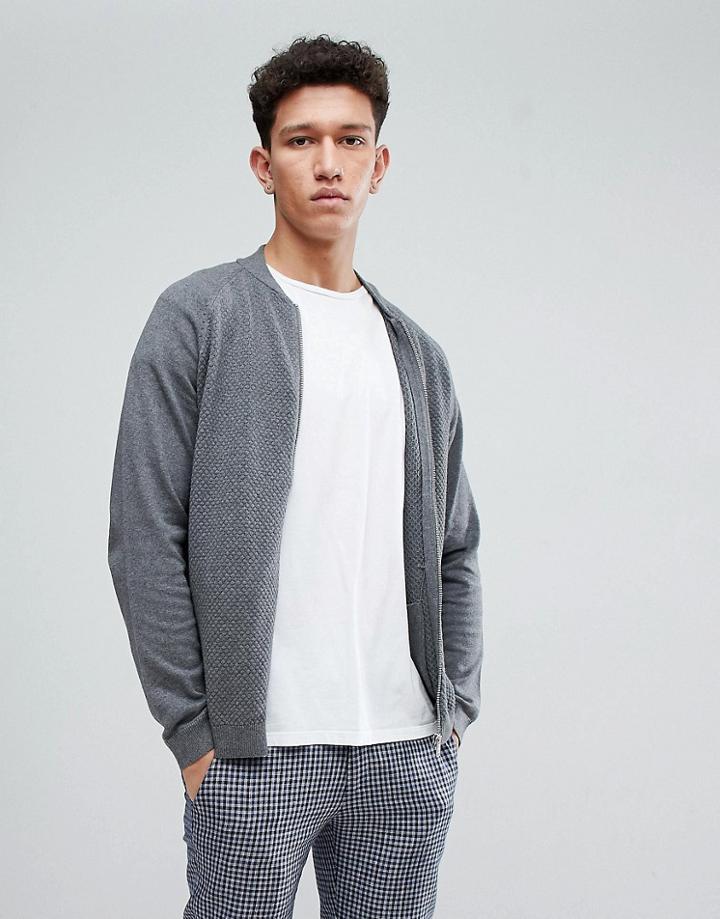 Threadbare Knitted Bomber Zip Through - Gray