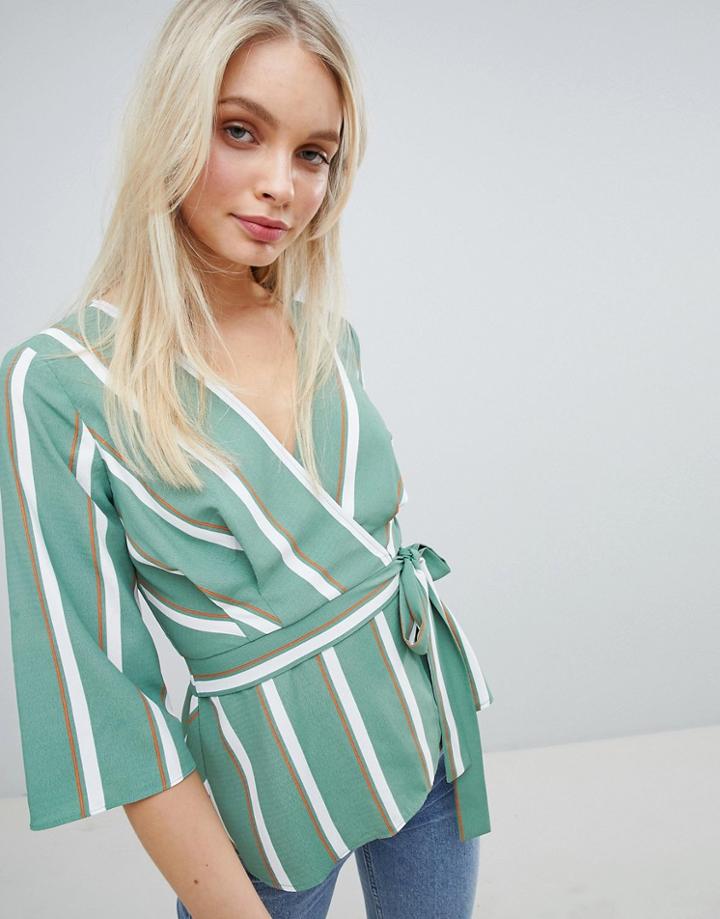 Asos Design Wrap Knot Top In Stripe - Multi