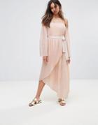 Isla Valentine Crimped Off Shoulder Flared Sleeve Midi Dress - Pink