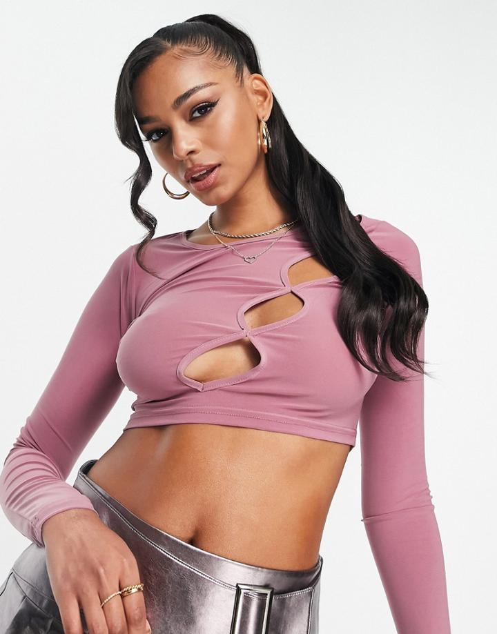 Rebellious Fashion Cut Out Detail Long Sleeve Crop Top In Dusty Pink