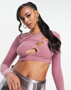 Rebellious Fashion Cut Out Detail Long Sleeve Crop Top In Dusty Pink