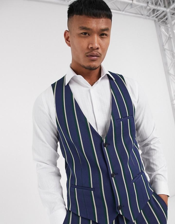 Lockstock Ascot Stripe Suit Vest In Navy Pinstripe