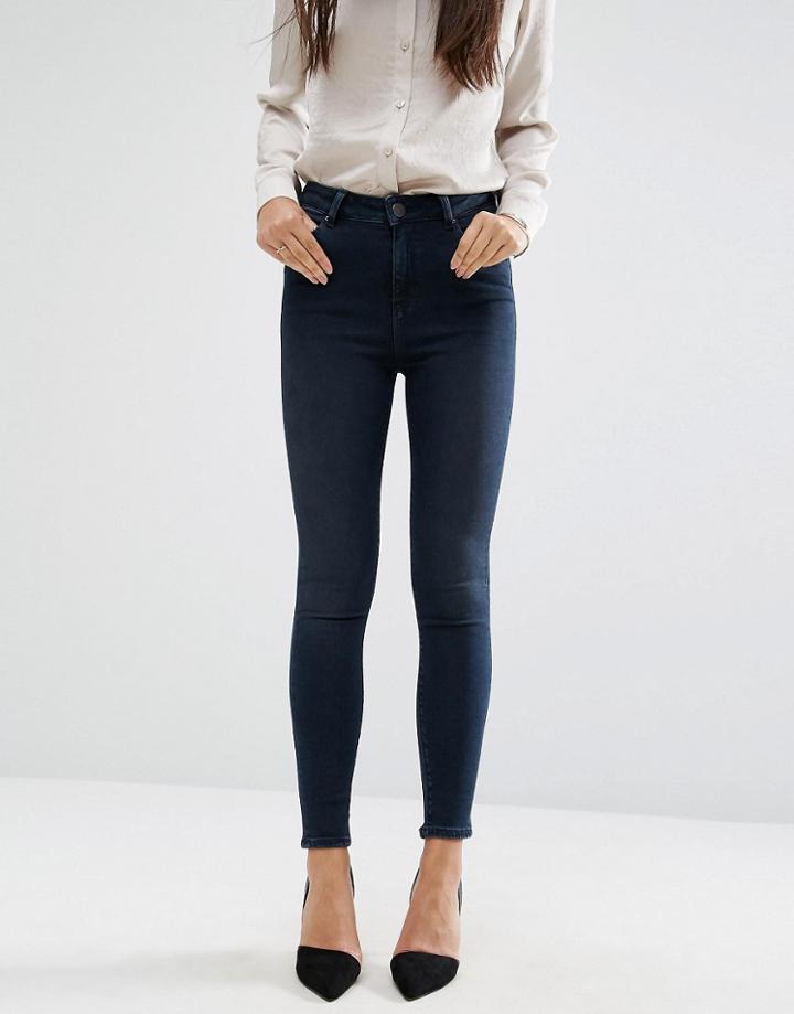 Asos Ridley High Waist Skinny Jeans In Vivienne Deep Dark Wash Blue -