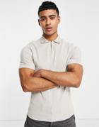River Island Short Sleeve Muscle Fit Polo In Neutral
