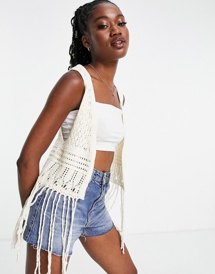 Asos Design Crochet Sleeveless Cardigan With Fringe In Cream-white