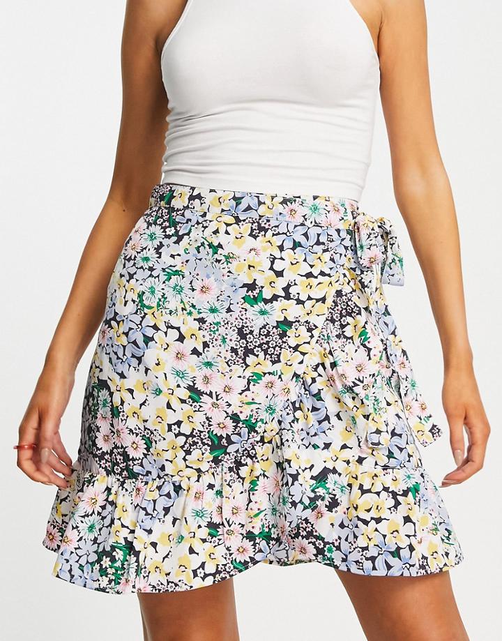 Only Cody Wrap Skirt In Black Floral Print-multi