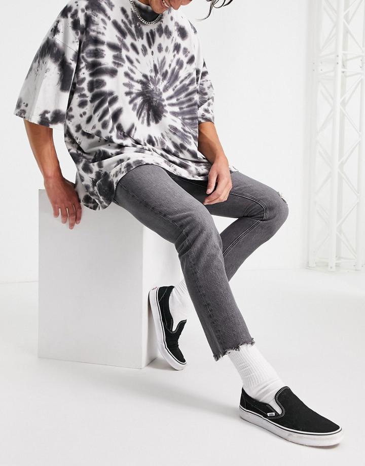 Asos Design Slim Jeans In Washed Black With Raw Hem And Abrasions