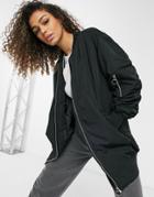 Only Longline Bomber Jacket With Ruched Sleeves In Black