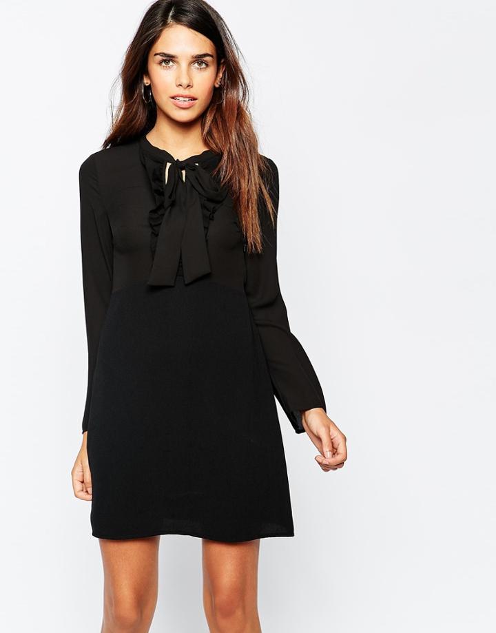 Warehouse Tie Neck Detail Shift Dress - Black