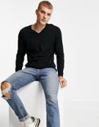 Asos Design Knitted Cotton V-neck Sweater In Black