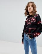 New Look Folk Floral Embroidered Sweater - Black