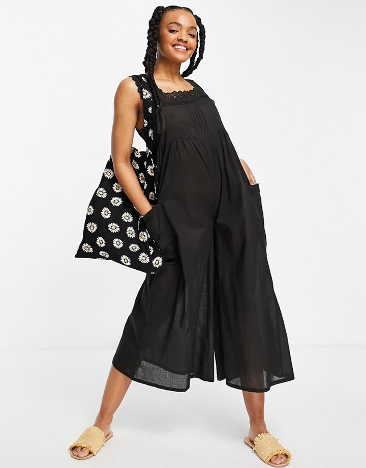 Asos Design Broderie Trim Jumpsuit In Black