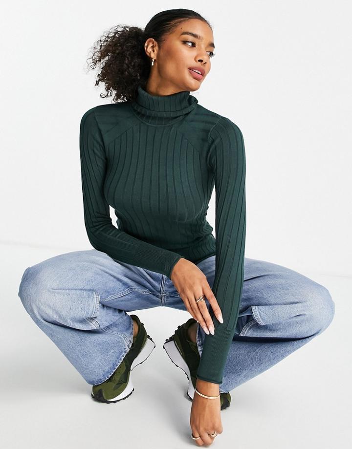 River Island Turtle Neck Wide Ribbed Sweater In Dark Green