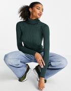 River Island Turtle Neck Wide Ribbed Sweater In Dark Green