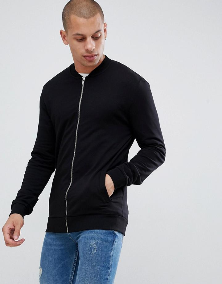 Asos Design Muscle Jersey Bomber Jacket In Black - Black