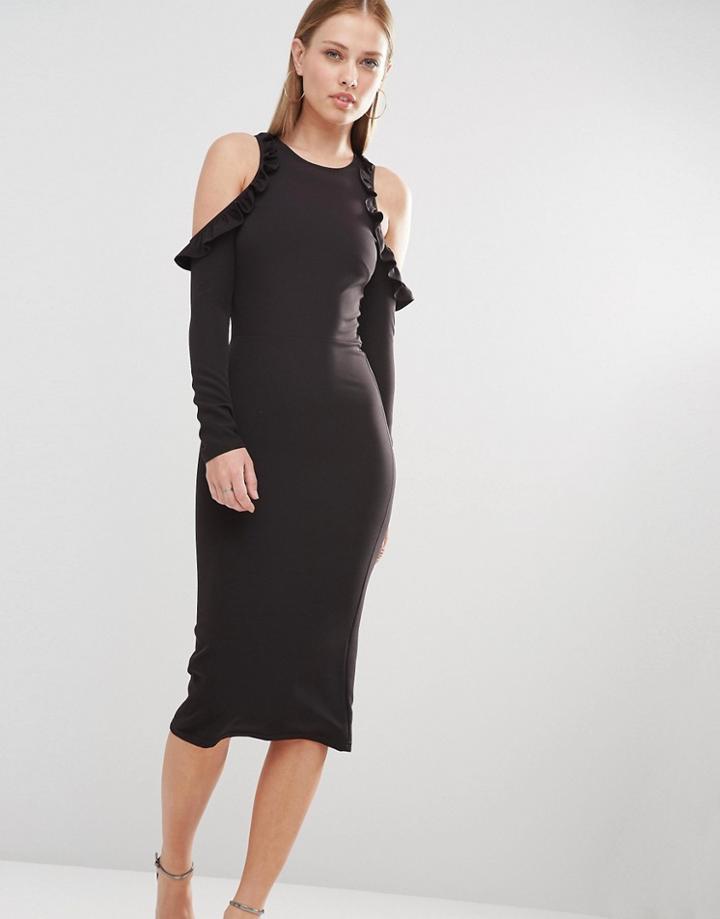 Oh My Love Cold Shoulder Midi Dress With Frill Detail - Black