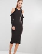 Oh My Love Cold Shoulder Midi Dress With Frill Detail - Black