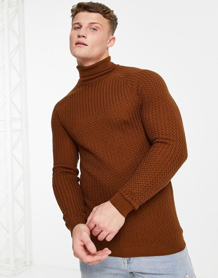 Asos Design Muscle Fit Textured Knit Roll Neck Sweater In Brown