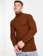 Asos Design Muscle Fit Textured Knit Roll Neck Sweater In Brown