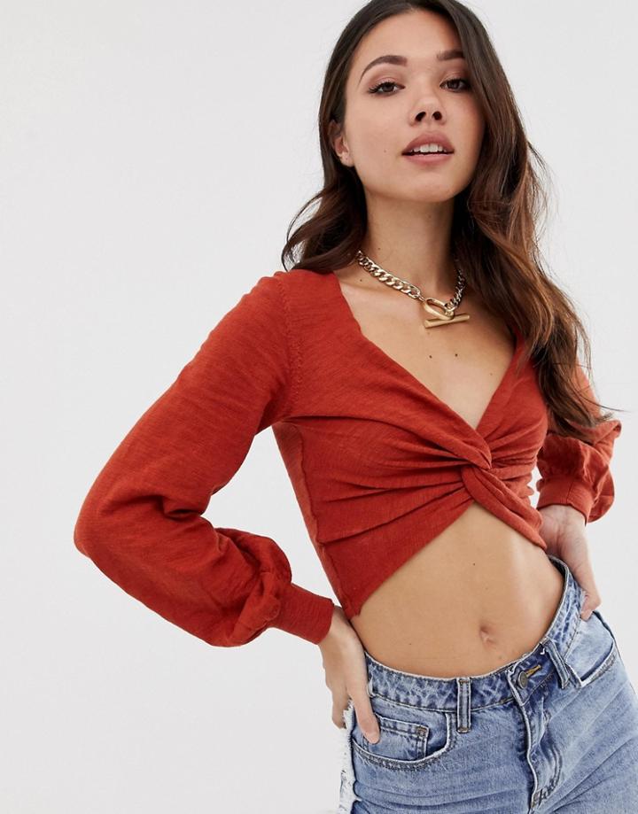 Asos Design Twist Front Sweater With Blouson Sleeve In Slub Yarn - Red