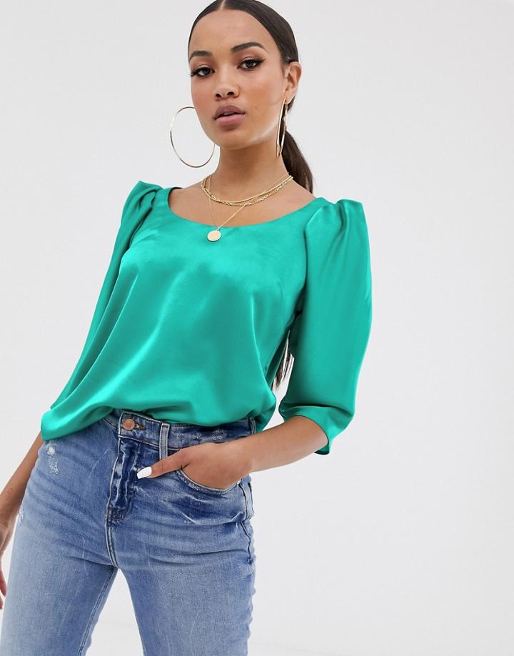 Asos Design Short Sleeve Satin Top With Scoop Neck And Shoulder Detail - Green