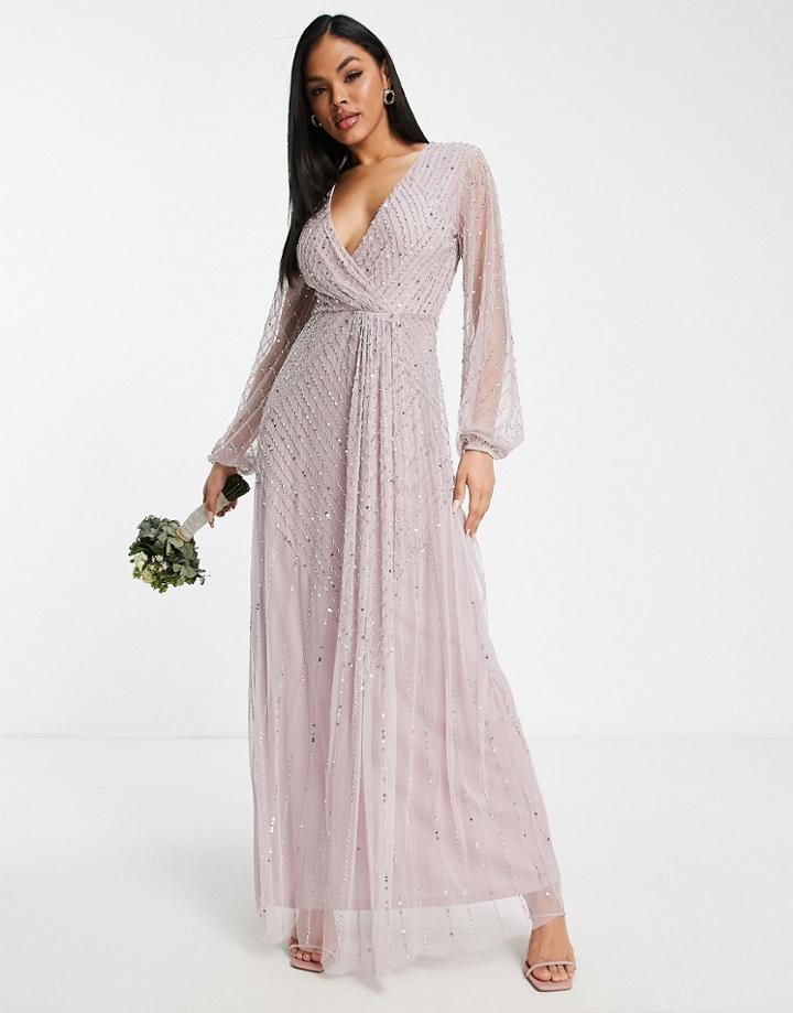 Frock And Frill Bridesmaid Plunge Front Maxi With Embellishment In Dusty Mauve-purple