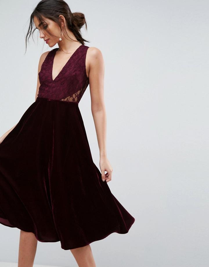 Asos Lace Insert Velvet Paneled Midi Dress - Red