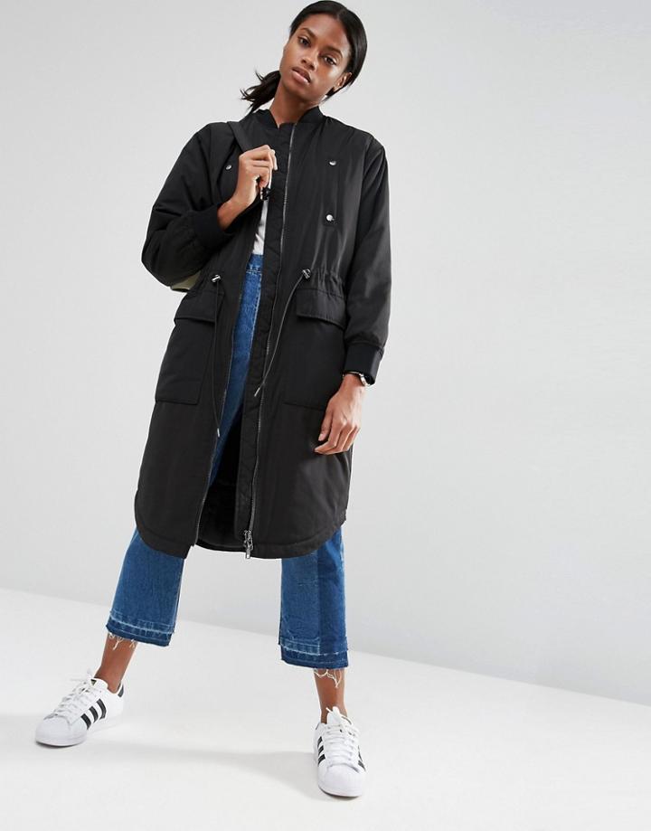 Asos Longline Bomber Jacket With Popper Side - Black