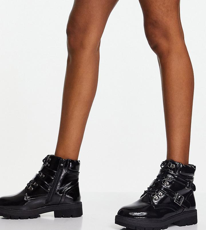 Simply Be Extra Wide Fit Lace Up Flat Ankle Boots With Buckle Detail In Black
