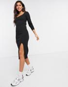 River Island Square Neck Ribbed Midi Dress In Black-neutral