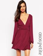 Asos Petite Slinky Blouson Sleeve Wrap Mini Dress - Oxblood