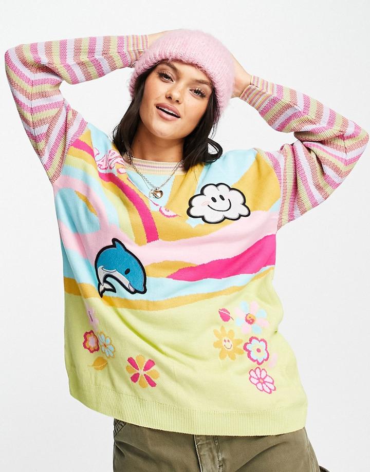 Asos Design Happy Days Sweater With Badges-multi