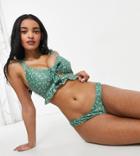 Peek & Beau Fuller Bust Exclusive High Leg Bikini Bottom With Frill Detail In Green Floral