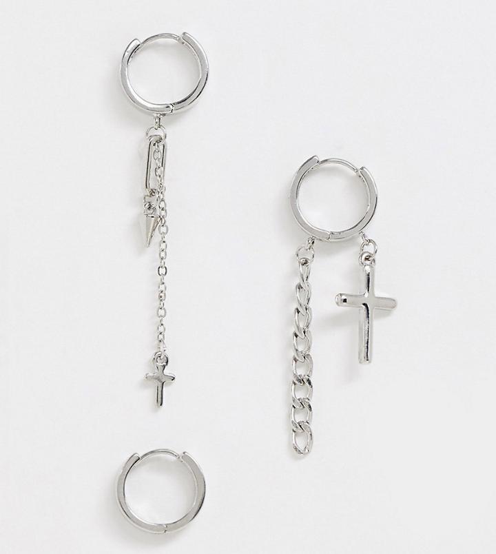 Asos Design Hoop Earring Pack With Charm And Chain Interest In Silver Tone