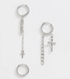 Asos Design Hoop Earring Pack With Charm And Chain Interest In Silver Tone