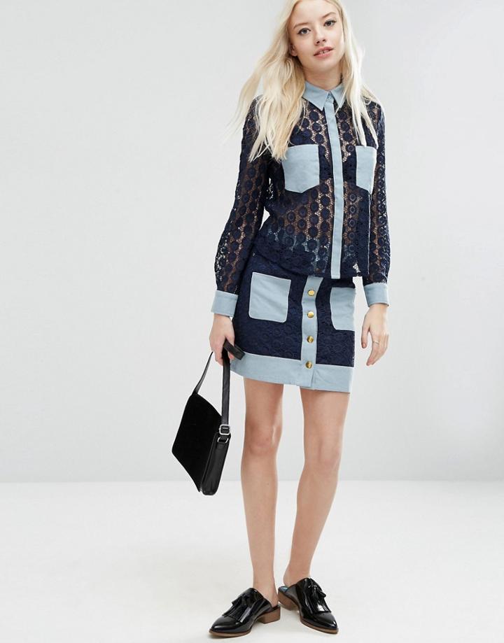 Sister Jane Carnaby Skirt In Crochet With Denim Trims - Navy