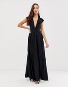 Asos Design Plunge Neck Pleat Detail Maxi Dress - Black
