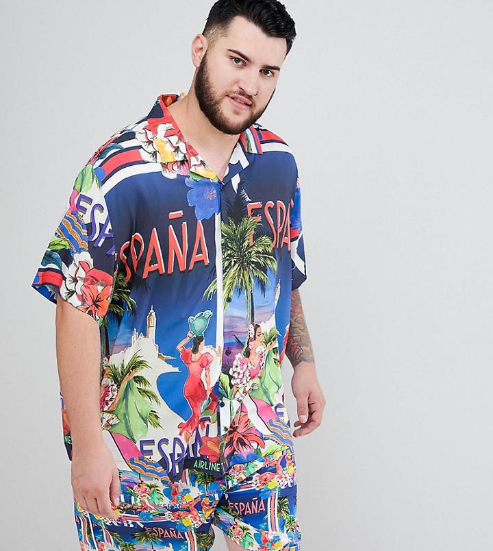 Asos Design Plus Two-piece Oversized Tropical Postcard Print Shirt With Revere Collar - Navy