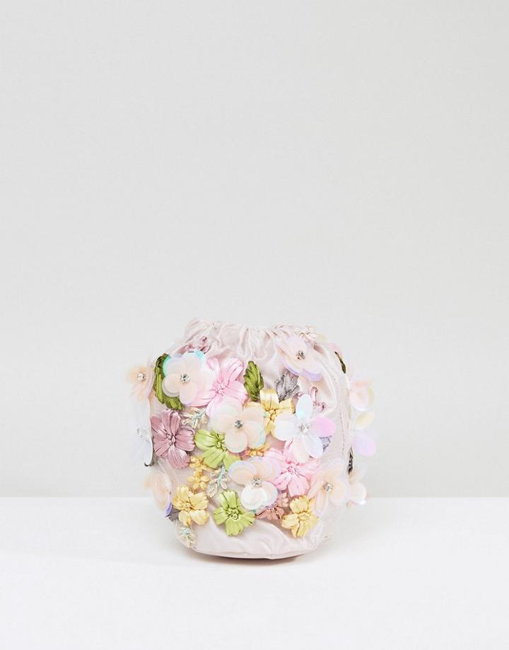Asos Embroidered Drawstring Pouch Cross Body Bag - Pink