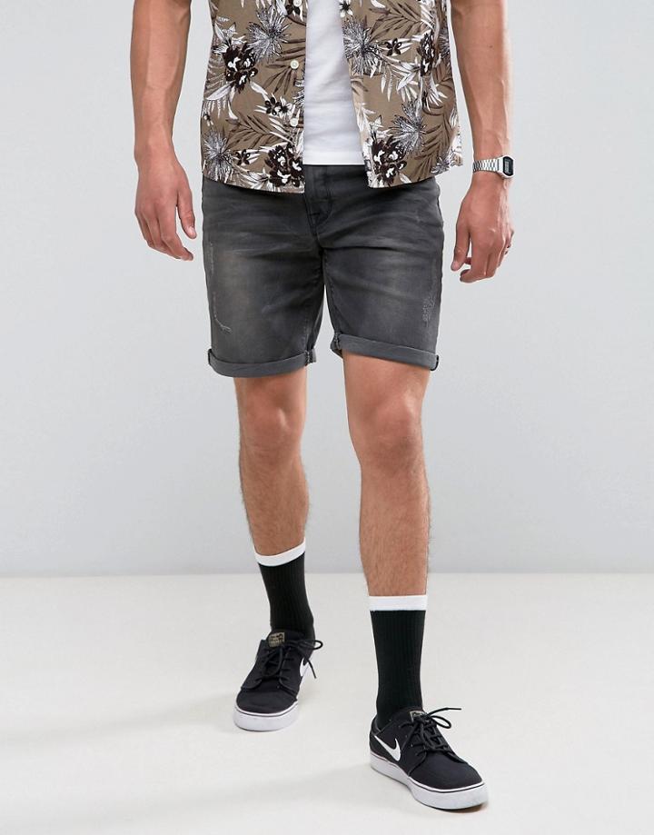 Asos Denim Shorts In Slim With Abrasions Washed Black - Black