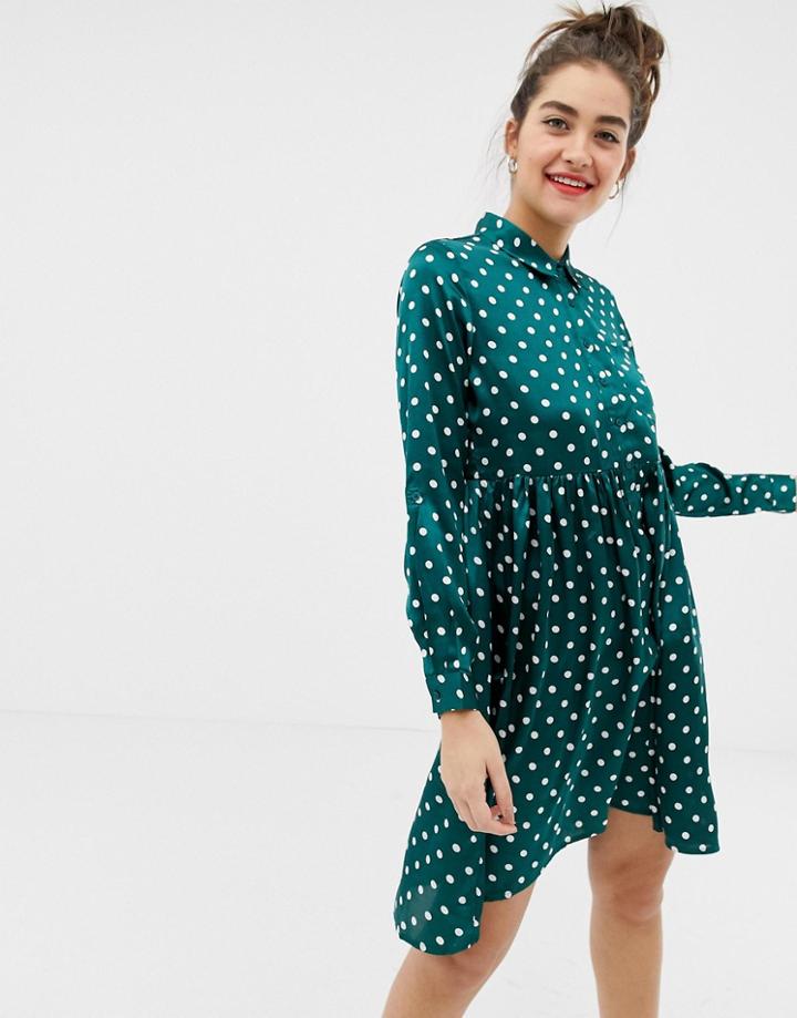 Influence Dip Hem Satin Polka Dot Shirt Dress - Green