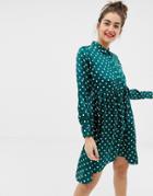 Influence Dip Hem Satin Polka Dot Shirt Dress - Green