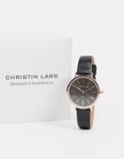 Christin Lars Watch With Black Leather Strap And Gold Dial