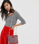 Esprit V-neck Long Sleeve Top With Stripe Print In White And Navy