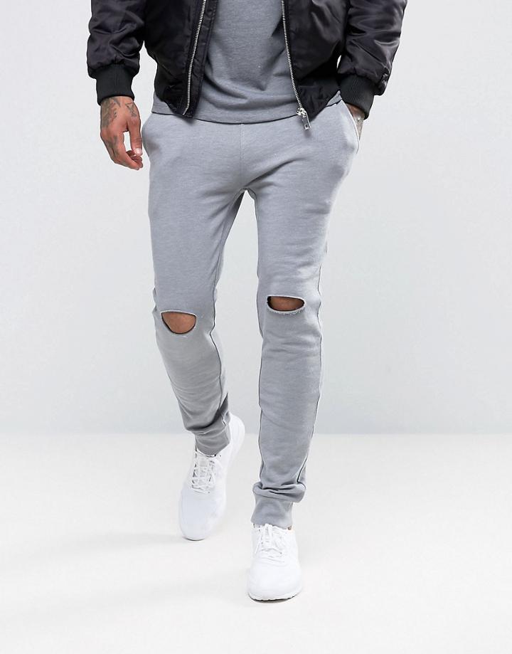 Asos Super Skinny Joggers With Knee Rip In Gray - Gray