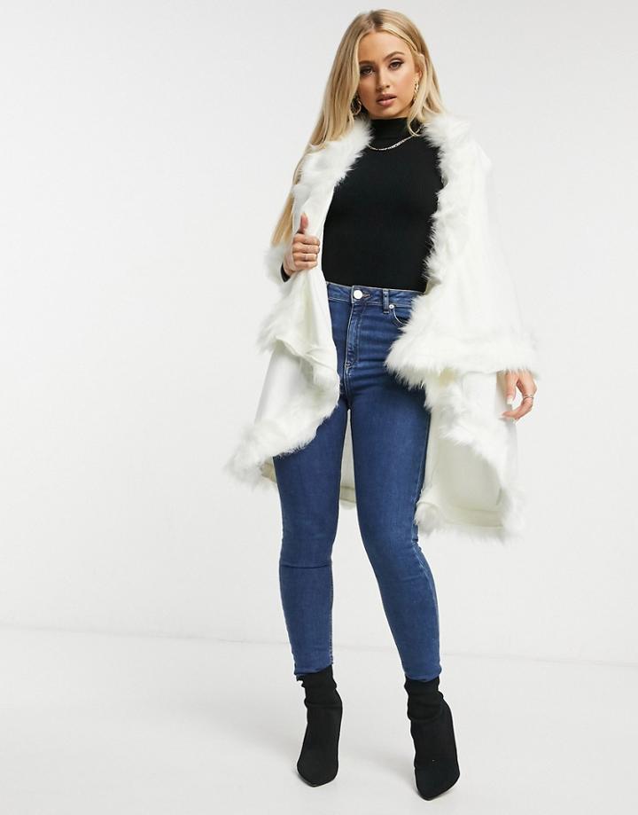 Jayley Double Layer Faux Fur Trim Cape In Cream-white