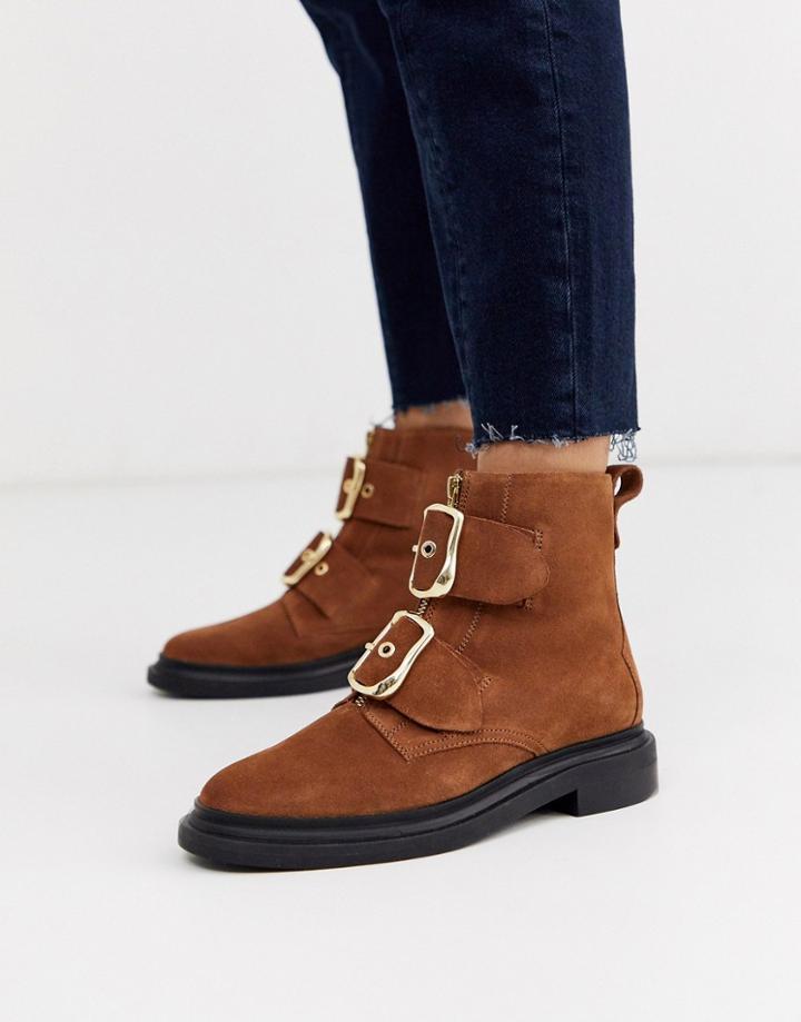 Asos Design Attribute Premium Suede Hardware Boots In Tan